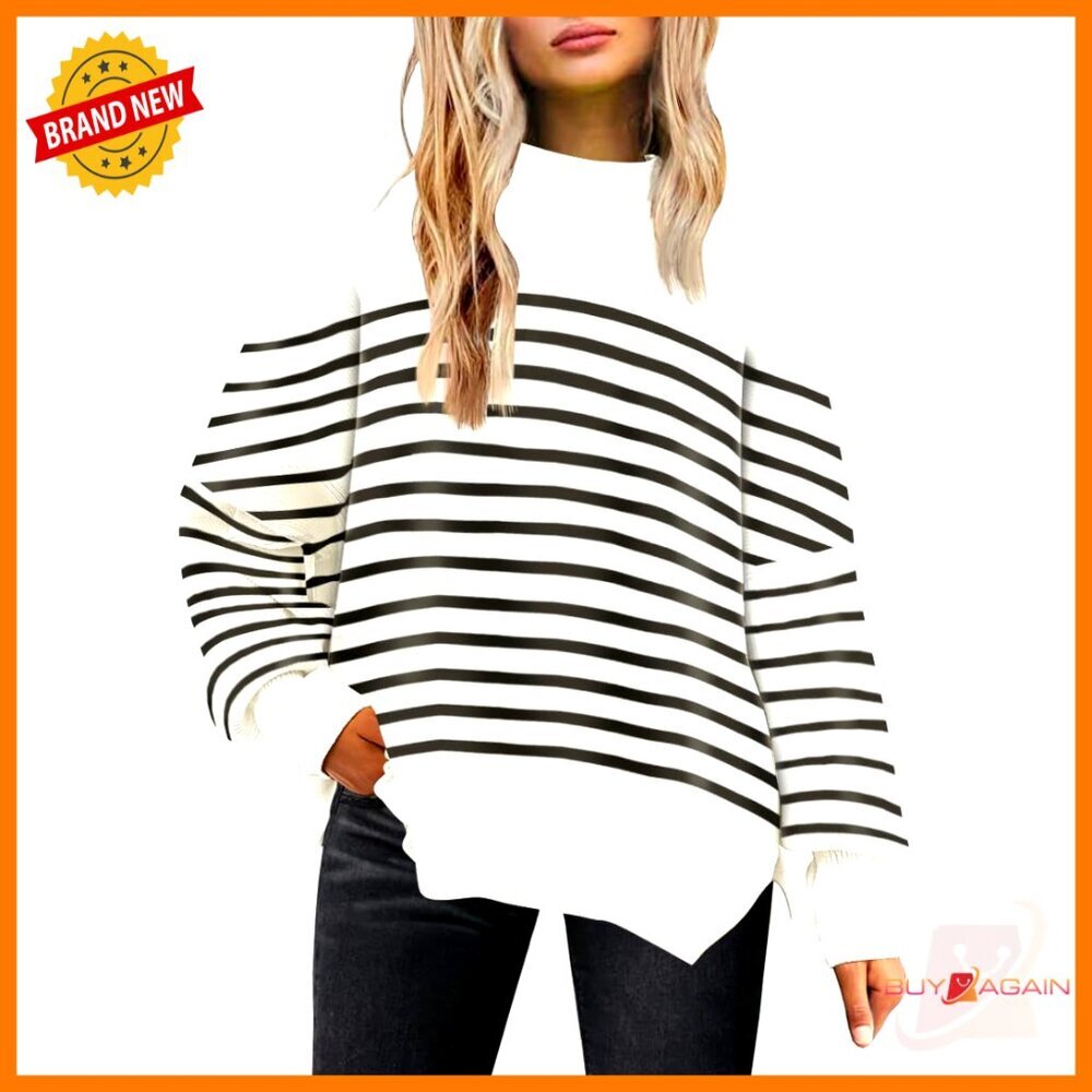 Oversized Batwing Sweater Chic Crewneck Knit Side Slit Fashion Pullover Top